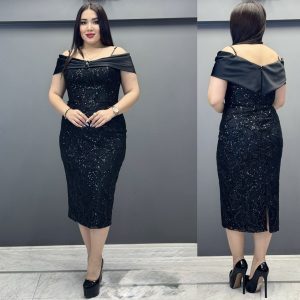 Rochie midi de ocazie pe corp cu umerii cazuri - imagine 3