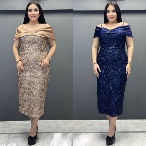 Rochie midi de ocazie pe corp cu umerii cazuri
