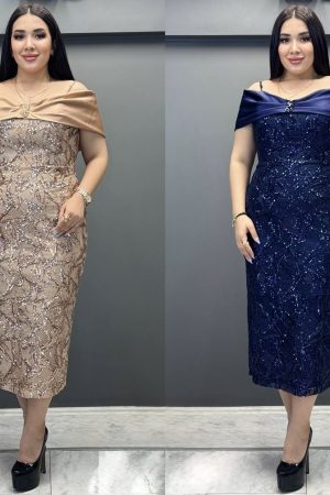 Rochie midi de ocazie pe corp cu umerii cazuri