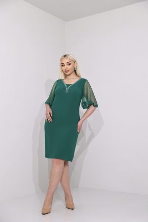 Rochie scurtă de ocazie verde cu mâneci și aplicații pietre