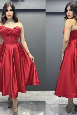 Rochie midi din tafta cu corset si balene pe talie
