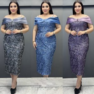 Rochie midi de ocazie pe corp cu umerii cazuri - imagine 2