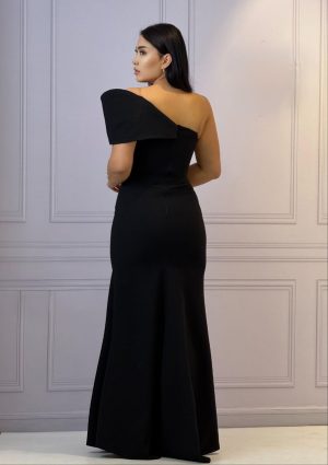 Rochie lungă neagră de ocazie cu despicatura pe picior și aplicații pietre - imagine 2