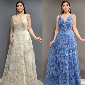 Rochie lungă cloș din dantelă cu bretele  și accesorii pe talie