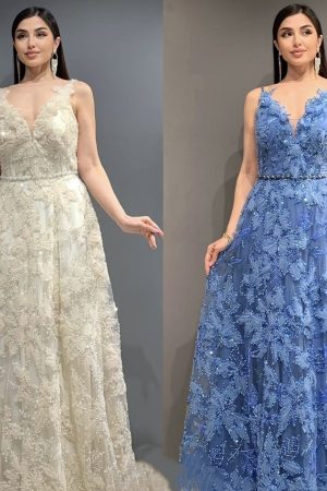 Rochie lungă cloș din dantelă cu bretele  și accesorii pe talie