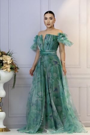 Rochie lungă cu imprimeu floral cu umeri căzuți