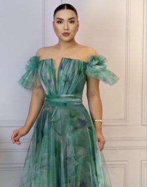 Rochie lungă cu imprimeu floral cu umeri căzuți - imagine 2