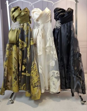Rochie lungă de ocazie cu imprimeu muștar si fundă pe talie - imagine 2