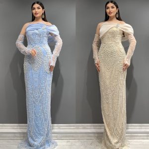 Rochie lungă de ocazie din perle cu mănuși detașabile