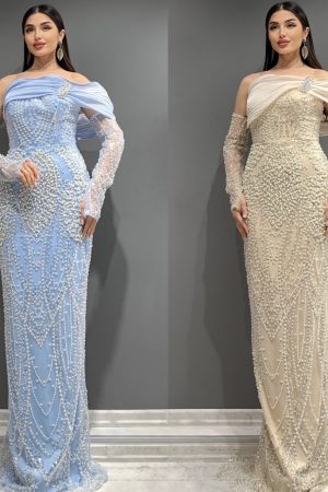 Rochie lungă de ocazie din perle cu mănuși detașabile