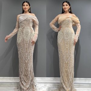 Rochie lungă de ocazie din perle cu mănuși detașabile - imagine 2
