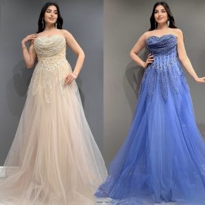 Rochie lungă de ocazie din tulle cu aplicatii perle  si corset