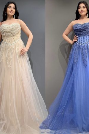Rochie lungă de ocazie din tulle cu aplicatii perle  si corset