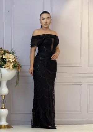 Rochie lungă elegantă din dantela cu perle si umerii căzuți - imagine 2