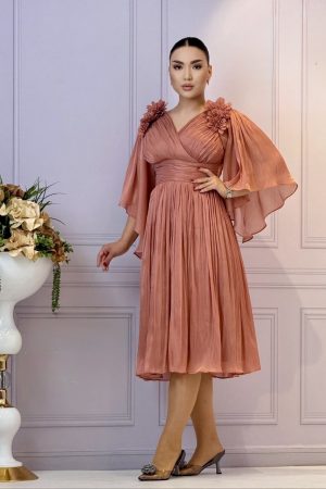 Rochie midi cu sclipici cu aplicații trandafiri și mâneci lejere