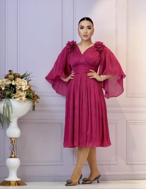 Rochie midi cu sclipici cu aplicații trandafiri și mâneci lejere