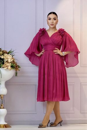 Rochie midi cu sclipici cu aplicații trandafiri și mâneci lejere