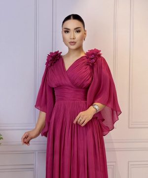 Rochie midi cu sclipici cu aplicații trandafiri și mâneci lejere - imagine 2