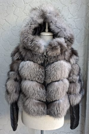 Blană naturală de vulpe argintie cu gluga model 3 în 1 se face și vestă